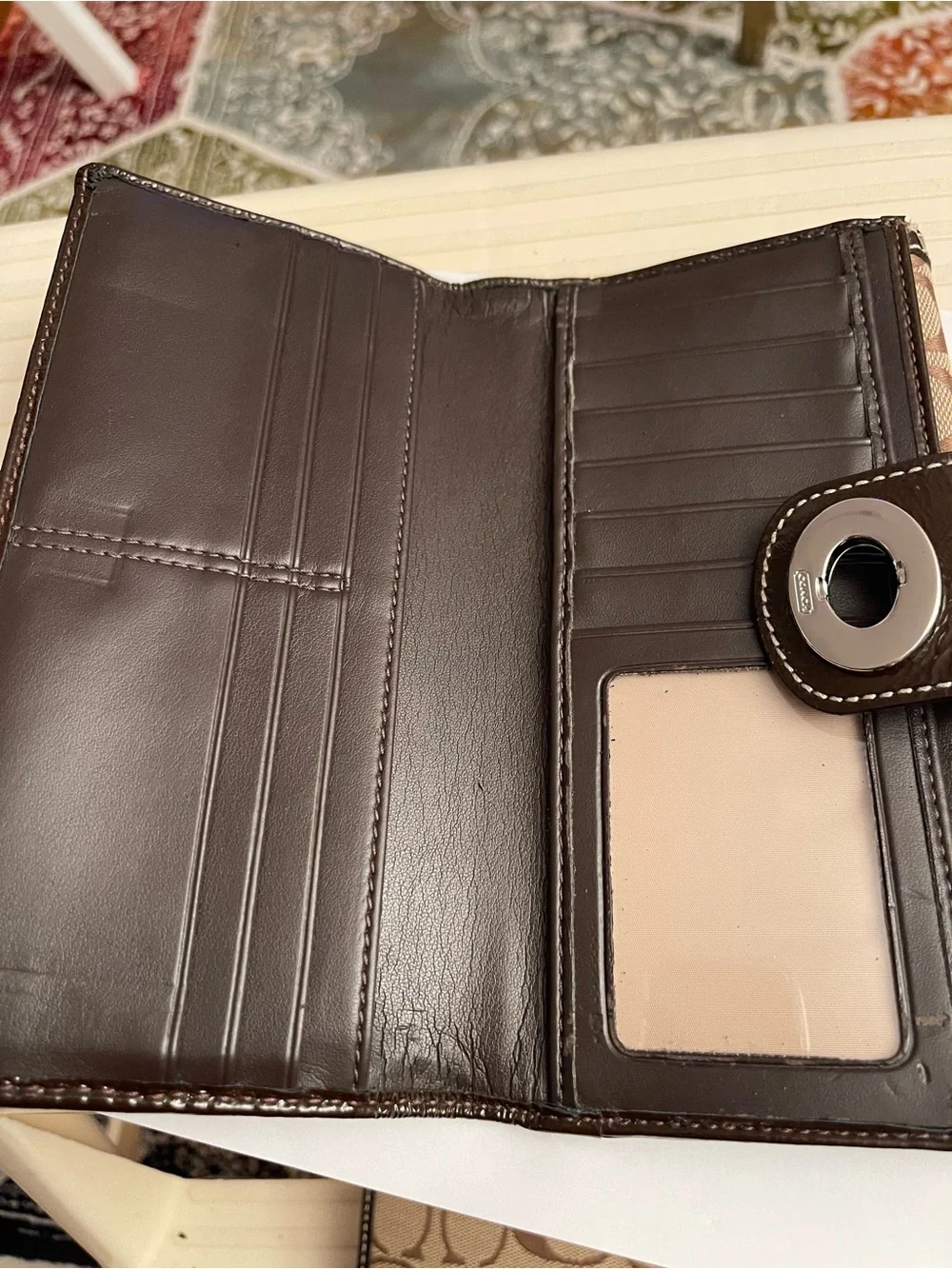 Coach Brown Signature Canvas Wallet with Silver Turnlock